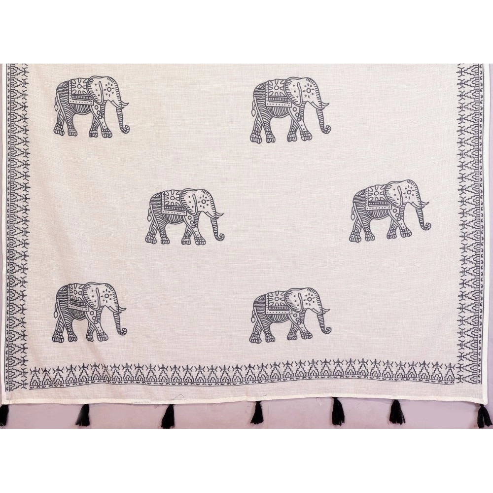 Women's Linen Cotton Printed Saree With Unstitched Blouse 5.5Mtr (Off White)