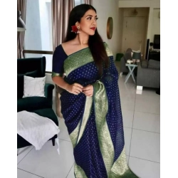 Women's Litchi silk Printed Saree With Unstitched Blouse (Blue)