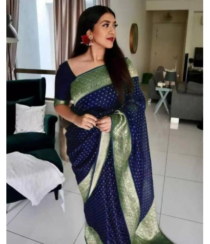 Women's Litchi silk Printed Saree With Unstitched Blouse (Blue)