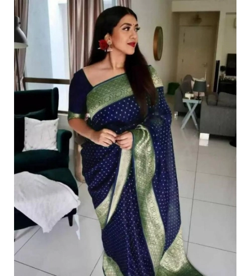 Women's Litchi silk Printed Saree With Unstitched Blouse (Blue)