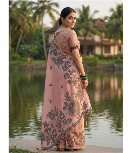 Women's Linen Cotton Printed Saree With Unstitched Blouse 5.5Mtr (Peach)