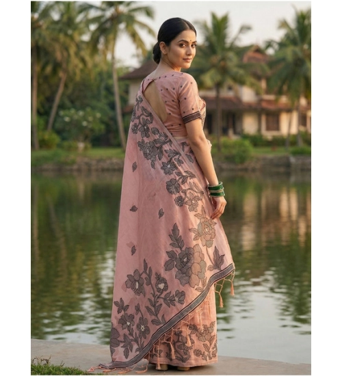 Women's Linen Cotton Printed Saree With Unstitched Blouse 5.5Mtr (Peach) Women's Linen Cotton Printed Saree With Unstitched Blouse 5.5Mtr (Peach)