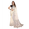 Women's Linen Cotton Printed Saree With Unstitched Blouse 5.5Mtr (Off White)
