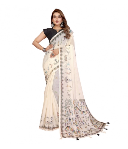 Women's Linen Cotton Printed Saree With Unstitched Blouse 5.5Mtr (Off White)
