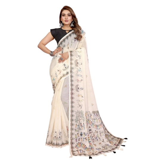 Women's Linen Cotton Printed Saree With Unstitched Blouse 5.5Mtr (Off White) Women's Linen Cotton Printed Saree With Unstitched Blouse 5.5Mtr (Off White)