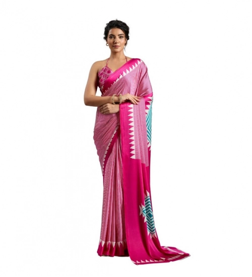 Women's Satin Crepe Printed Saree With Unstitched Blouse 5.5Mtr (Pink)