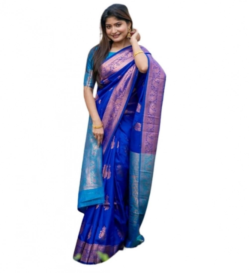 Women's Katan_Silk Zari_Weaving Saree With Unstitched Blouse 5.5Mtr (Royal_Blue)