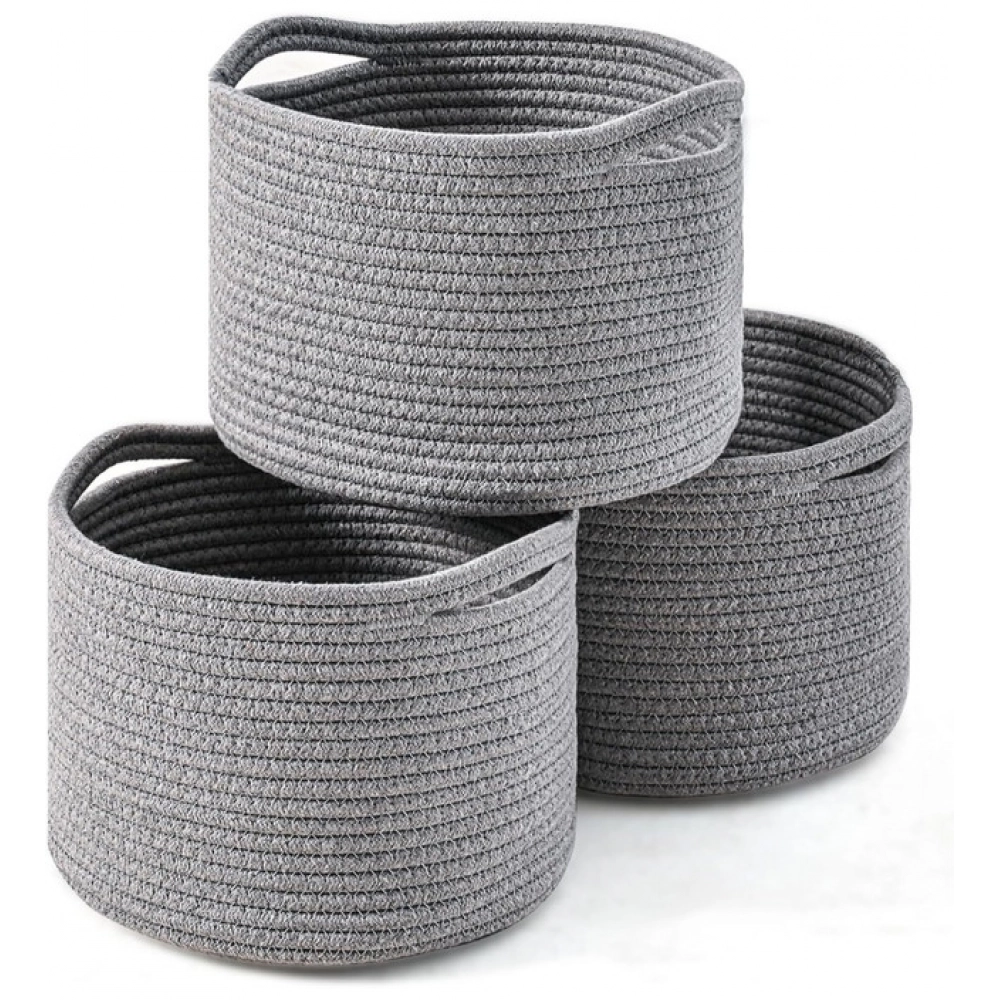 Cotton 9x7 Inch Pack of 3 Storage Basket For Clothes (Gray)