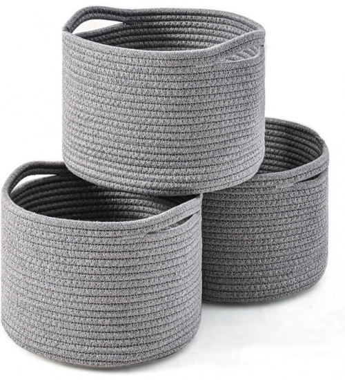 Cotton 9x7 Inch Pack of 3 Storage Basket For Clothes (Gray)