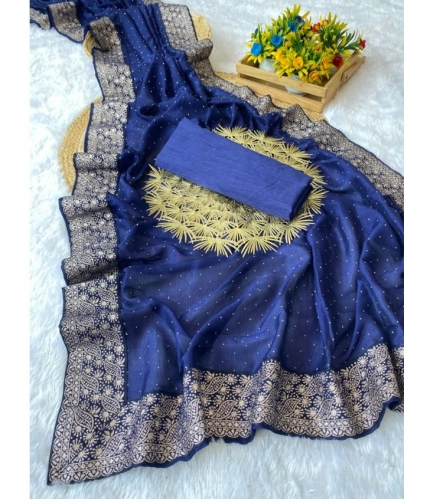 Women's Silk Embroidred Saree With Unstitched Blouse 5.5Mtr (Blue)