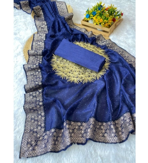 Women's Silk Embroidred Saree With Unstitched Blouse 5.5Mtr (Blue)