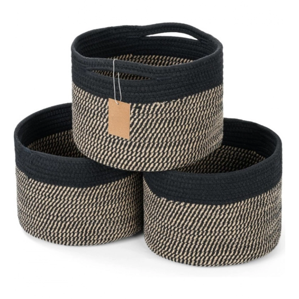 Cotton 9x7 Inch Pack of 3 Storage Basket For Clothes (Black-Beige)