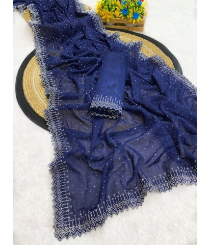 Women's Georgette Stone Work Saree With Unstitched Blouse 5.5Mtr (Blue) Women's Georgette Stone Work Saree With Unstitched Blouse 5.5Mtr (Blue)