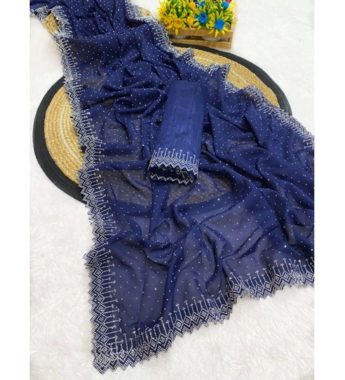 Women's Georgette Stone Work Saree With Unstitched Blouse 5.5Mtr (Blue)