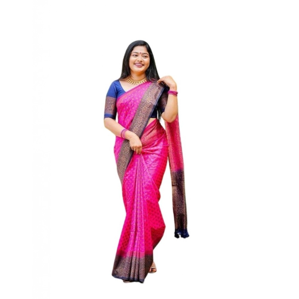 Women's Soft Lichi Silk Printed Saree With Unstitched Blouse 5.5Mtr (Pink)