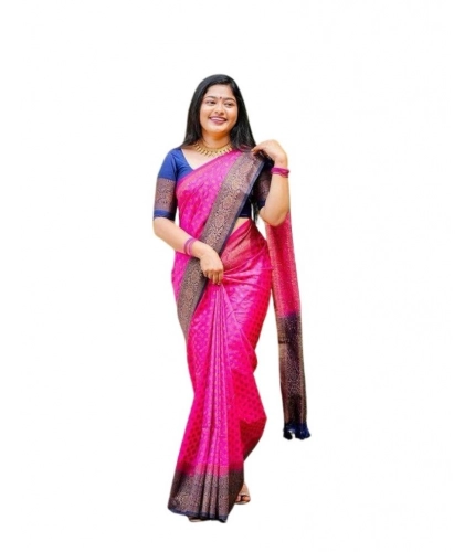Women's Soft Lichi Silk Printed Saree With Unstitched Blouse 5.5Mtr (Pink)