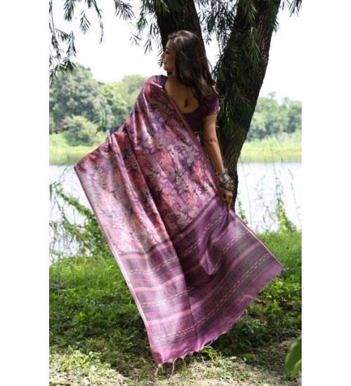 Women's Faux_Tussar_Silk Abstract_Print Saree With Unstitched Blouse 5.5Mtr (Purple)
