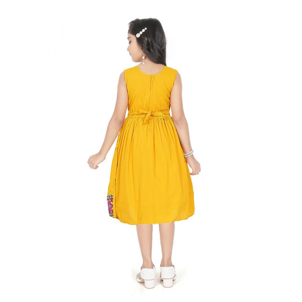 Girl's Shiffon Printed Sleeve Less Round Neck Dress (Mustard Yellow) Girl's Shiffon Printed Sleeve Less Round Neck Dress (Mustard Yellow)