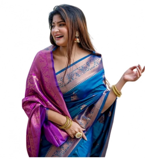 Women's Katan_Silk Zari_Weaving Saree With Unstitched Blouse 5.5Mtr (Blue)