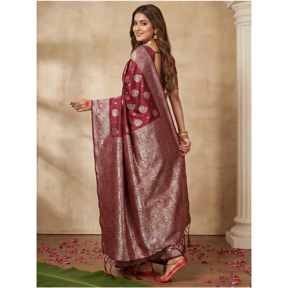 Women's Silk Blend Printed Saree With Unstitched Blouse 5.5Mtr (Maroon)