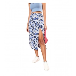 Women's Polyester Floral Side Zip Skirt (Blue - White)
