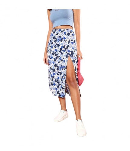 Women's Polyester Floral Side Zip Skirt (Blue - White)