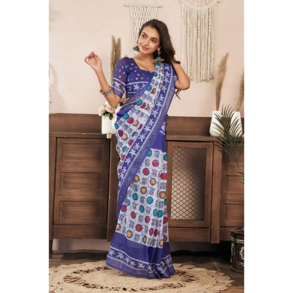 Women's Linen Cotton Printed Ready To Wear Saree With Unstitched Blouse 5.5 Mtr (Blue)