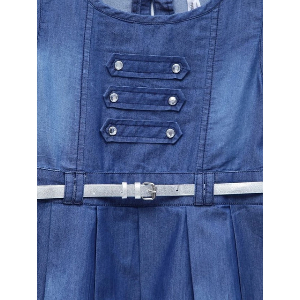 Girl's Denim Embellished Sleeveless Dress with Belt (Blue) Girl's Denim Embellished Sleeveless Dress with Belt (Blue)