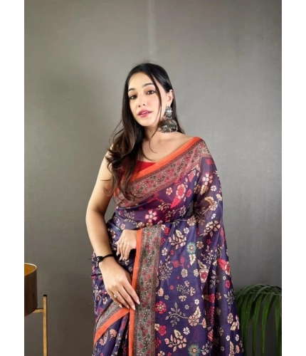 Women's Linen Printed Saree With Unstitched Blouse 5.5Mtr (Blue)