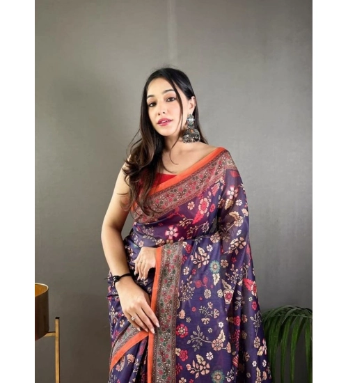Women's Linen Printed Saree With Unstitched Blouse 5.5Mtr (Blue) Women's Linen Printed Saree With Unstitched Blouse 5.5Mtr (Blue)