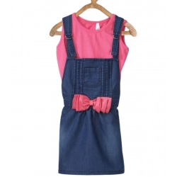Girl's Denim &amp; Cotton Bow Sleeveless Dungaree (Pink)