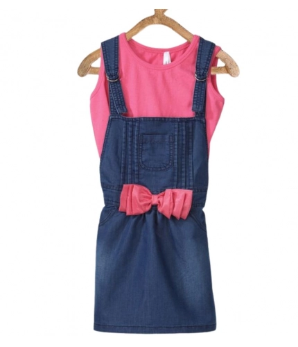 Girl's Denim &amp; Cotton Bow Sleeveless Dungaree (Pink)