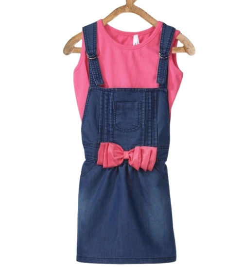 Girl's Denim &amp; Cotton Bow Sleeveless Dungaree (Pink)