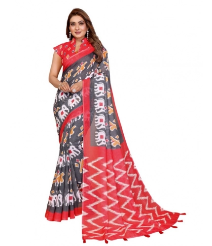 Women's Linen Cotton Printed Saree With Unstitched Blouse 5.5Mtr (Grey)