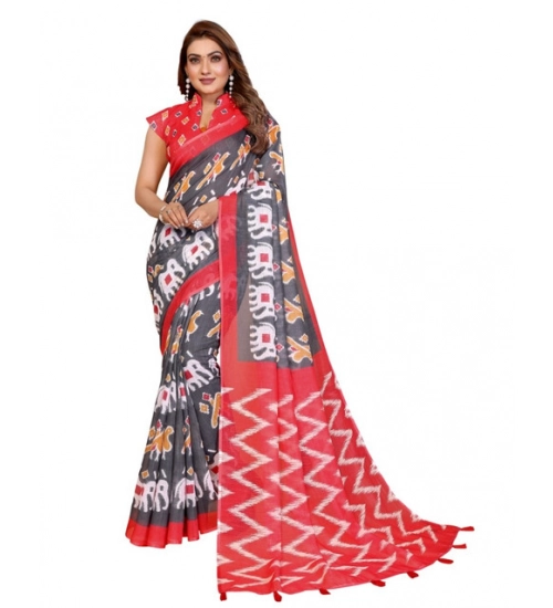 Women's Linen Cotton Printed Saree With Unstitched Blouse 5.5Mtr (Grey) Women's Linen Cotton Printed Saree With Unstitched Blouse 5.5Mtr (Grey)