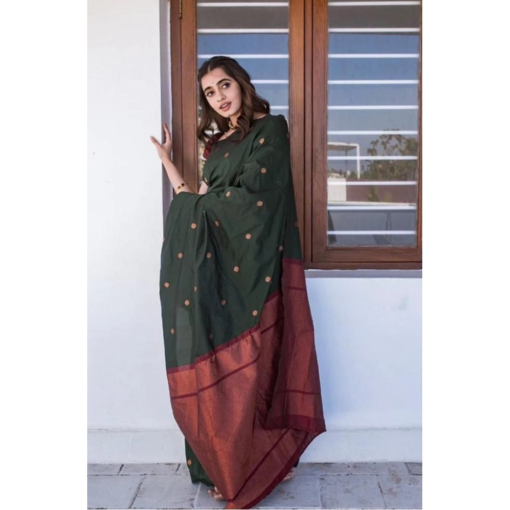 Women's Litchi silk Printed Saree With Unstitched Blouse (Dark Green) Women's Litchi silk Printed Saree With Unstitched Blouse (Dark Green)