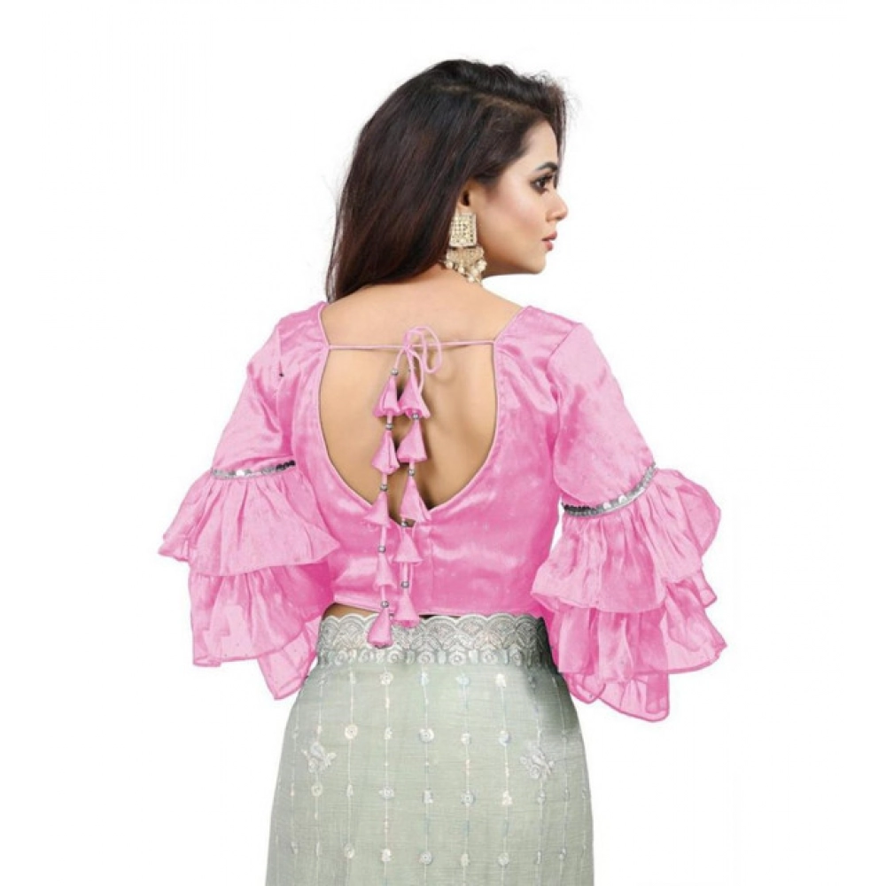 Women's Organza Solid V Neck Layered Ruffle Sleeve Readymade Blouse (Light_Pink Free Size , up to 38–40 Bust)-PID65846