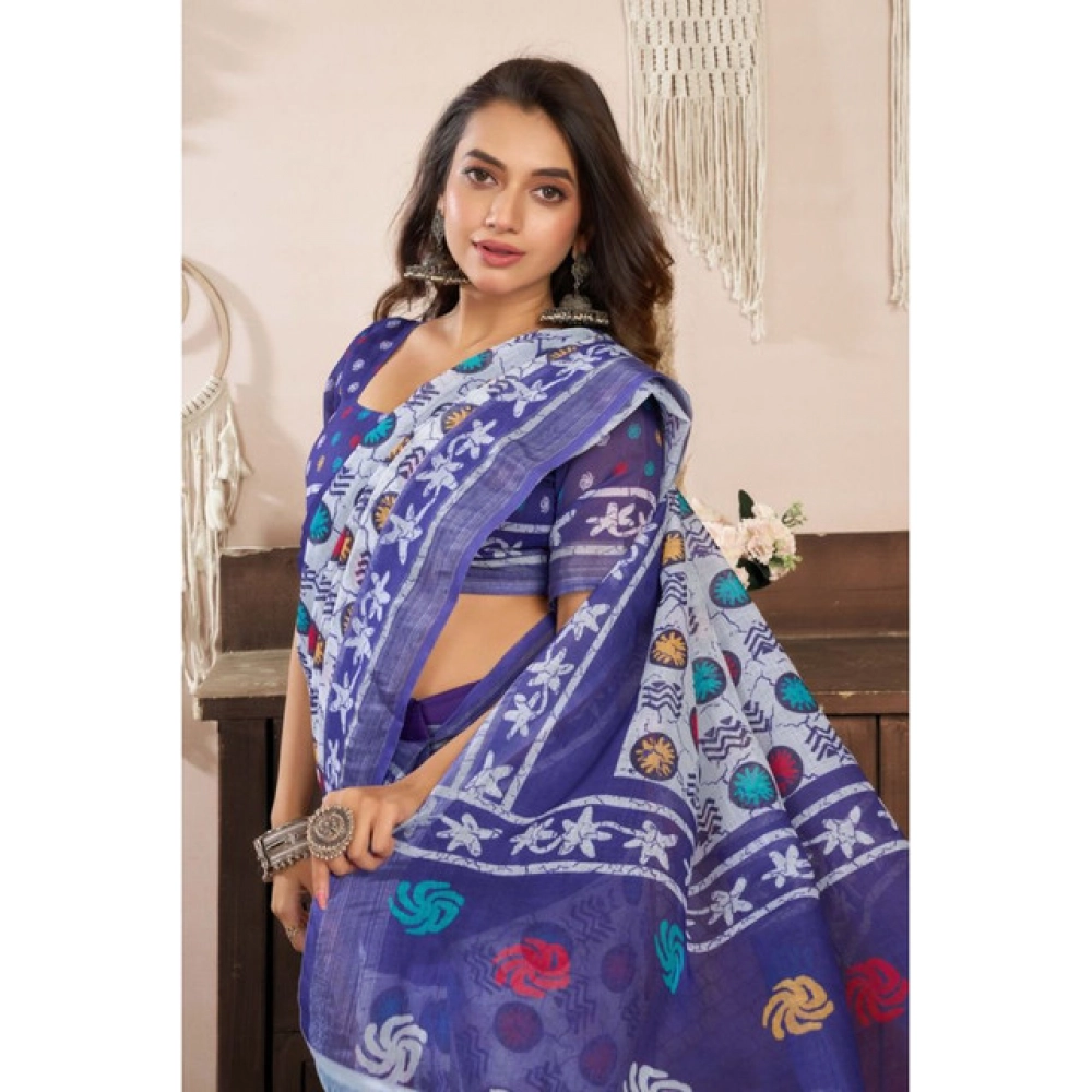 Women's Linen Cotton Printed Ready To Wear Saree With Unstitched Blouse 5.5 Mtr (Blue)
