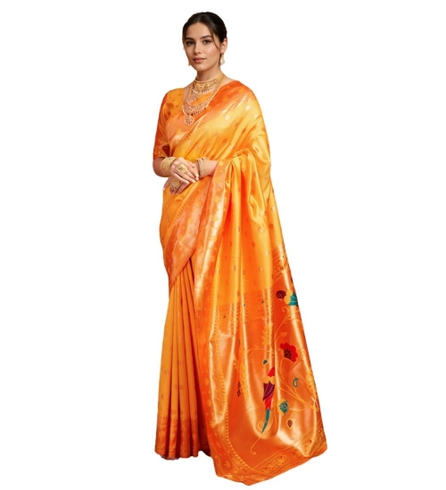 Women's Silk Blend Woven Saree With Unstitched Blouse 5.5Mtr (Orange)