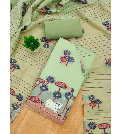 Women's Banarasi Silk Printed Unstitched Salwar Suit Material With Dupatta (Pista, 3Mtrs)