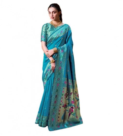 Women's Silk Blend Paithani Weaving Saree With Unstitched Blouse 5.5Mtr (Rama)