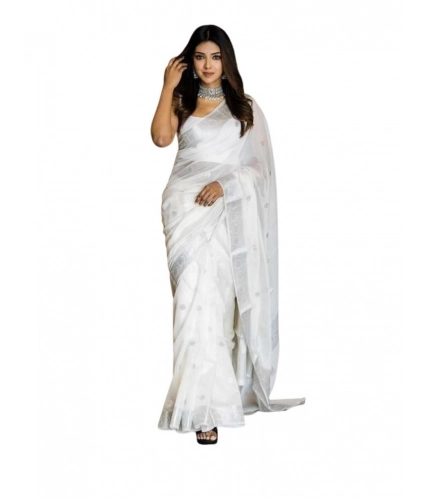 Women's Soft Lichi Silk Printed Saree With Unstitched Blouse 5.5Mtr (White)
