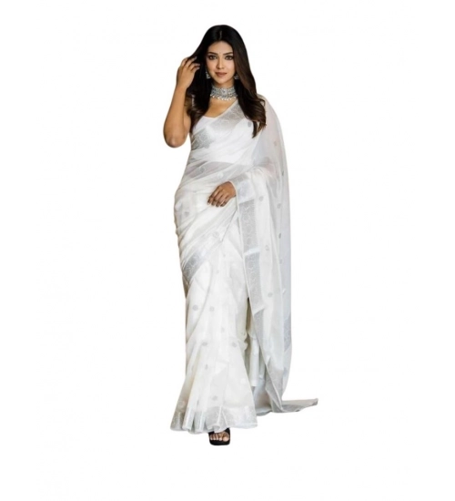 Women's Soft Lichi Silk Printed Saree With Unstitched Blouse 5.5Mtr (White)
