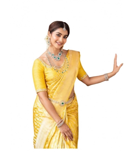 Women's Soft Lichi Silk Printed Saree With Unstitched Blouse 5.5Mtr (Yellow)