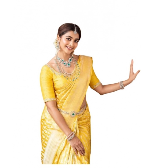 Women's Soft Lichi Silk Printed Saree With Unstitched Blouse 5.5Mtr (Yellow)