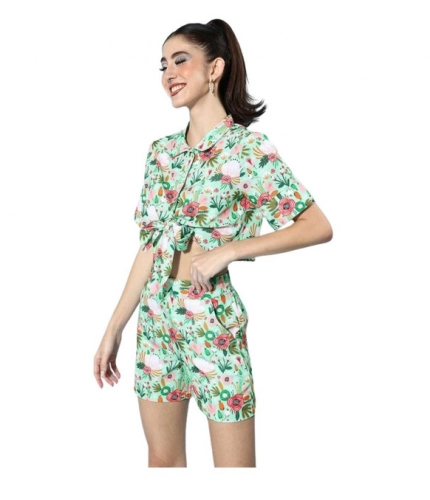 Women's Polyester Floral Short Sleeve Co-Ord Set (Multicolor)