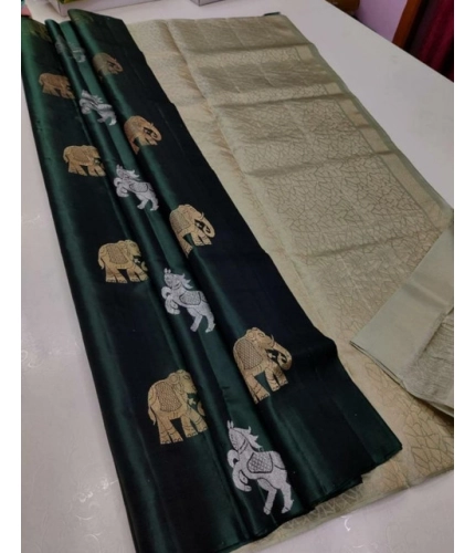 Women's Litchi silk Printed Saree With Unstitched Blouse (Green)