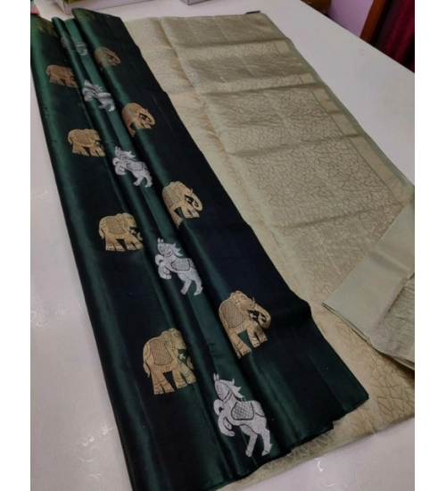 Women's Litchi silk Printed Saree With Unstitched Blouse (Green)