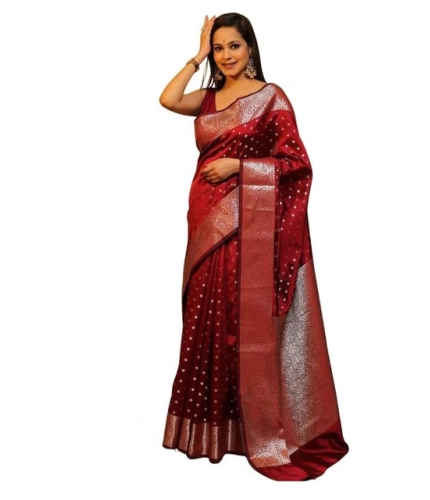 Women's Soft Lichi Silk Printed Saree With Unstitched Blouse 5.5Mtr (Maroon)