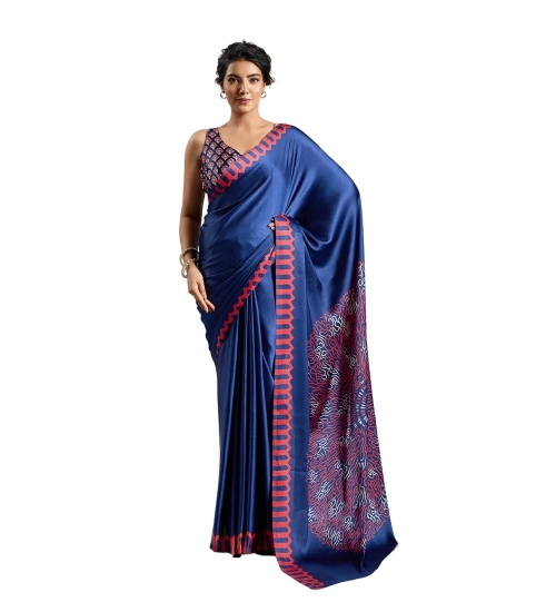 Women's Satin Crepe Printed Saree With Unstitched Blouse 5.5Mtr (Blue)